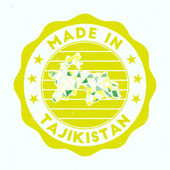 Wall Mural - Made In Tajikistan. Country round stamp. Seal of Tajikistan with border shape. Vintage badge with circular text and stars. Vector illustration.