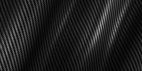 Black kevlar texture carbon fiber streaked fabric background striped wavy 3D illustration