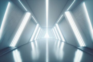 Wall Mural - Futuristic hallway corridor inside spaceship in sci-fi movie . Sublime Generative AI image .