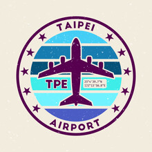 Taipei Airport Insignia. Round Badge With Vintage Stripes, Airplane Shape, Airport IATA Code And GPS Coordinates. Astonishing Vector Illustration.