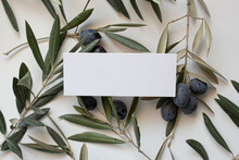 Modern Card Mockup. Invitation With Fresh Olive Branches, Minimal Decor