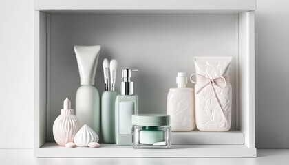 Wall Mural - Bathroom shelf with different beauty cosmetic body care products, pastel colors package mockup. Indoor background. AI generative image.