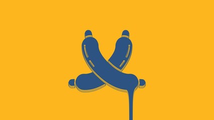 Canvas Print - Blue Crossed sausage icon isolated on orange background. Grilled sausage and aroma sign. 4K Video motion graphic animation