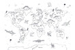 Dinosaur world map line vector illustration.