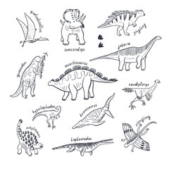 Wall Mural - Dinosaur doodle line vector illustrations set.