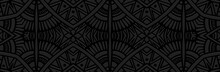 Banner, Cover Design. Embossed Geometric Vintage Stylish 3d Pattern On A Black Background. Ethnic Boho, Current Handmade Themes Of The Peoples Of The East, Asia, India, Mexico, Aztecs, Peru.