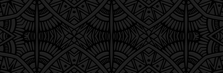 Banner, cover design. Embossed geometric vintage stylish 3d pattern on a black background. Ethnic boho, current handmade themes of the peoples of the East, Asia, India, Mexico, Aztecs, Peru.