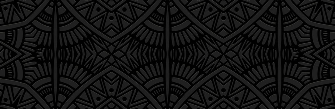 banner, cover design. embossed geometric vintage stylish 3d pattern on a black background. ethnic bo