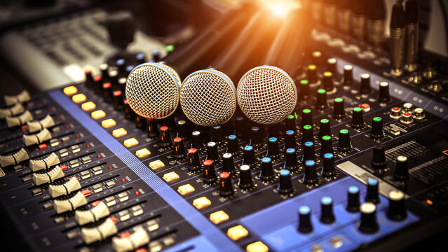 close-up microphone and sound mixer in studio for sound record control system and audio equipment an