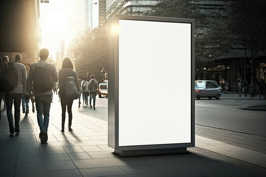 vertical blank white billboard at bus stop on city street. mock up billboard for advertising, promot