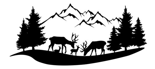 Wall Mural - Silhouette of mountains, wild forest woods deer animal and misty fog forest fir trees camping adventure wildlife landscape panorama illustration icon vector for logo, isolated on white background.