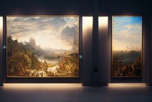 Famous Public Domain Paintings As Futuristic NFT In A Art Gallery. Generative AI