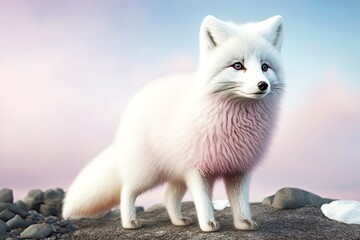 Sticker - white fluffy arctic fox with pink snout and paws, created with generative ai