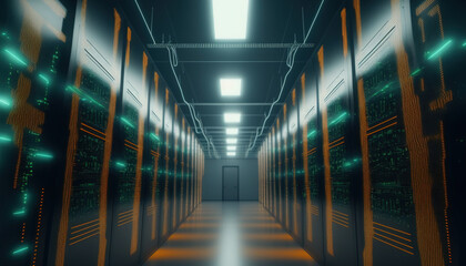 corridor of data center with racks of server computer for cloud computing data storage , cyber secur