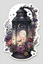 Sticker, Lantern, Vector, White Background, Detailed, Witchy, Gothcore, Stars, Moon, Vibrant Colourful Flowers, Art Deco