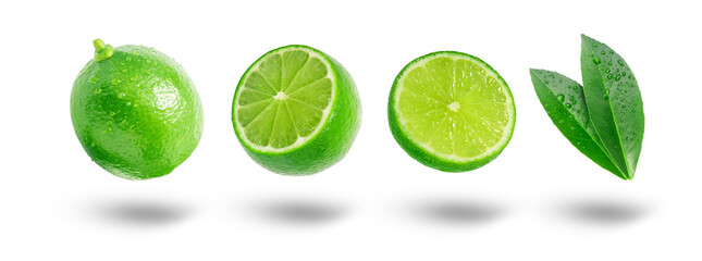 Wall Mural - Flying lime has water drop with slices and leaf collection isolated on white background.