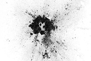 powder with ash and dust splashing with pieces of dirt and coal isolated on white