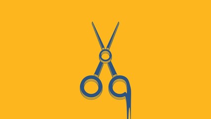 Sticker - Blue Scissors hairdresser icon isolated on orange background. Hairdresser, fashion salon and barber sign. Barbershop symbol. 4K Video motion graphic animation