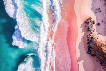 Wall Mural - aerial view of a spectacular pink beach with waves. Generative AI