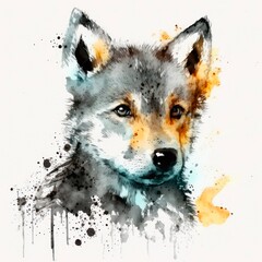  Cute baby wolf. Watercolor illustration of a pretty dog on white background. Generative AI art.