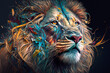 majestätischer Löwe Porträt mit bunten Farben und Naturmaterialien, generative AI	
