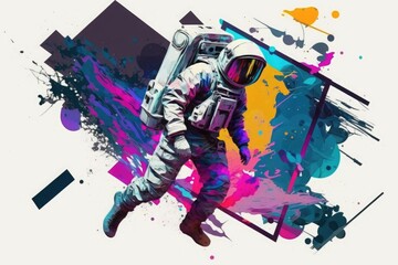 Wall Mural - Modern digital art, astronaut on the background of multi-colored spots. Generative ai.