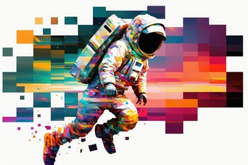 Wall Mural - Space astronaut on the background of pixel multi-colored graphics, modern art, hero. Generative ai.