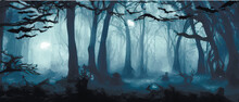 Silhouettes Of Trees In A Dark Night Forest With A Blue Tint Of Fog. Fantastic Mysterious Landscape. Foggy Forest Background. Paranormal, Mystical Concept. Vector Illustration.