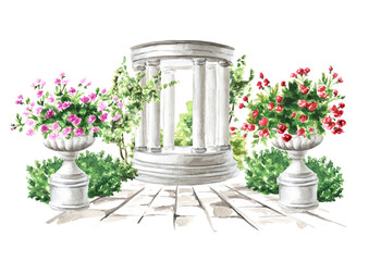 Park architecture. Garden decorative Rotunda. Landscape design, Hand drawn watercolor  illustration  isolated on white  background