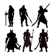  Fantasy Warrior Silhouette Isolated, Knight, Fighter - Vector Illustration