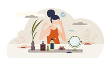 Self Care As Doing Skincare Routines With Facial Creams Tiny Person Concept, Transparent Background. Skin Wellness With Healthy Cosmetic Lotions And Dermatology Tested Makeup Illustration.