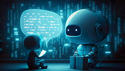 Canvas Print - Children talking with robotic ai,chat bot.futuristic technology or machine learning data development concepts.ai generated technology