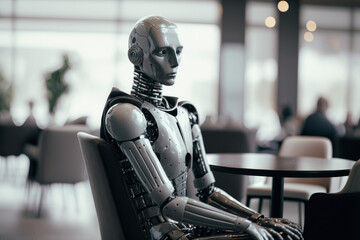 Poster - A robot waiting in a modern office for a job interview. Ai artificial intelligence technology at work. Generative ai