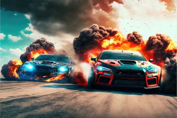 Sticker - Car race, explosions and sparks. Race for survival. Fire and flame from under the wheels. AI