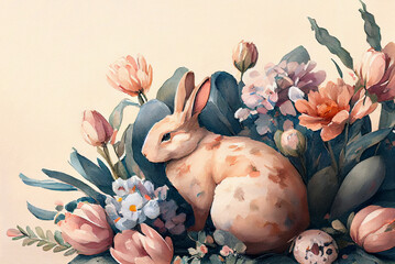 Wall Mural - Vintage watercolor painting of rabbit as illustration of Easter bunny hiding egg in flowers for egg hunt generative AI art	
