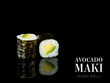 Close up to Maki sushi roll pieces with mirror reflection on black background. Sushi roll with avocado and nori seaweed on top. Ready menu advertising banner with text and copy space.