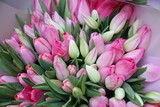 Fototapeta Kwiaty - Tulip, tulips bouquet. Present for March 8, International Women's Day. Holiday decor with flowers. Bouquet with colorful tulips. Red tulip, yellow tulip. Holiday floral decor. Spring tulips, bouquet