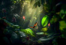 Green Jungle With Sunbeams And Butterflies. Ai Generated