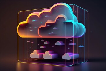 Wall Mural - 3D cloud computing technology concept. Digital illustration neon background. Generative AI