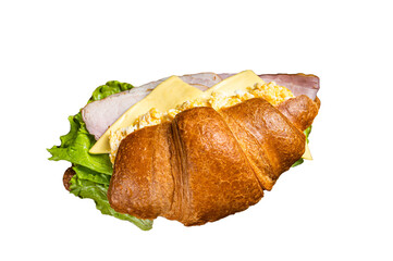 Wall Mural - Croissant sandwich with egg cheese and green lettuce salad leaf, healthy breakfast.  Isolated, transparent background