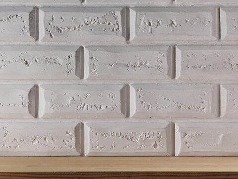 Fototapete - Wooden shelf on brick wall background