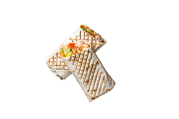 Wall Mural - Shawarma durum doner kebab with meat and vegetable salad.  Isolated, transparent background