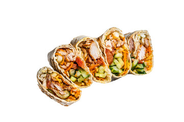 Wall Mural - Chicken wrap roll, durum doner kebab with meat and vegetable salad.  Isolated, transparent background