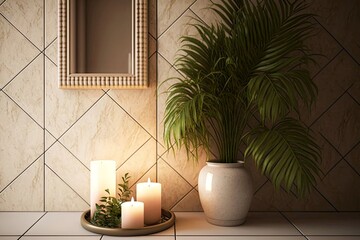 Poster - beige tiles bathroom with candles and green palms in vase on floor, created with generative ai