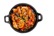 Chinese Sweet And Sour Chicken With Colorful Bell Pepper In A Skillet.  Isolated, Transparent Background