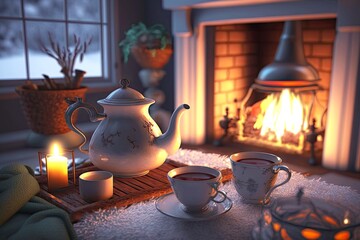 Canvas Print - winter romantic evening with tea and fireplace in bathroom with candles, created with generative ai