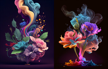 Wall Mural - Beautiful, colorful flowers into neon smoke illustration. Isolated composition on dark tone background. 3d flowers composition