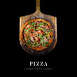 Top view of classic Italian uncut Parma ham pizza with tomatoes, mozzarella cheese and fresh arugula leaves served on baking shovel. Cheesy pizza isolated on black background with text and copy space