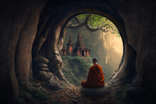 Buddhist Monk Meditating Inside A Cave