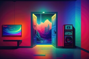 Sticker - Metaverse room colorful background. Generative AI